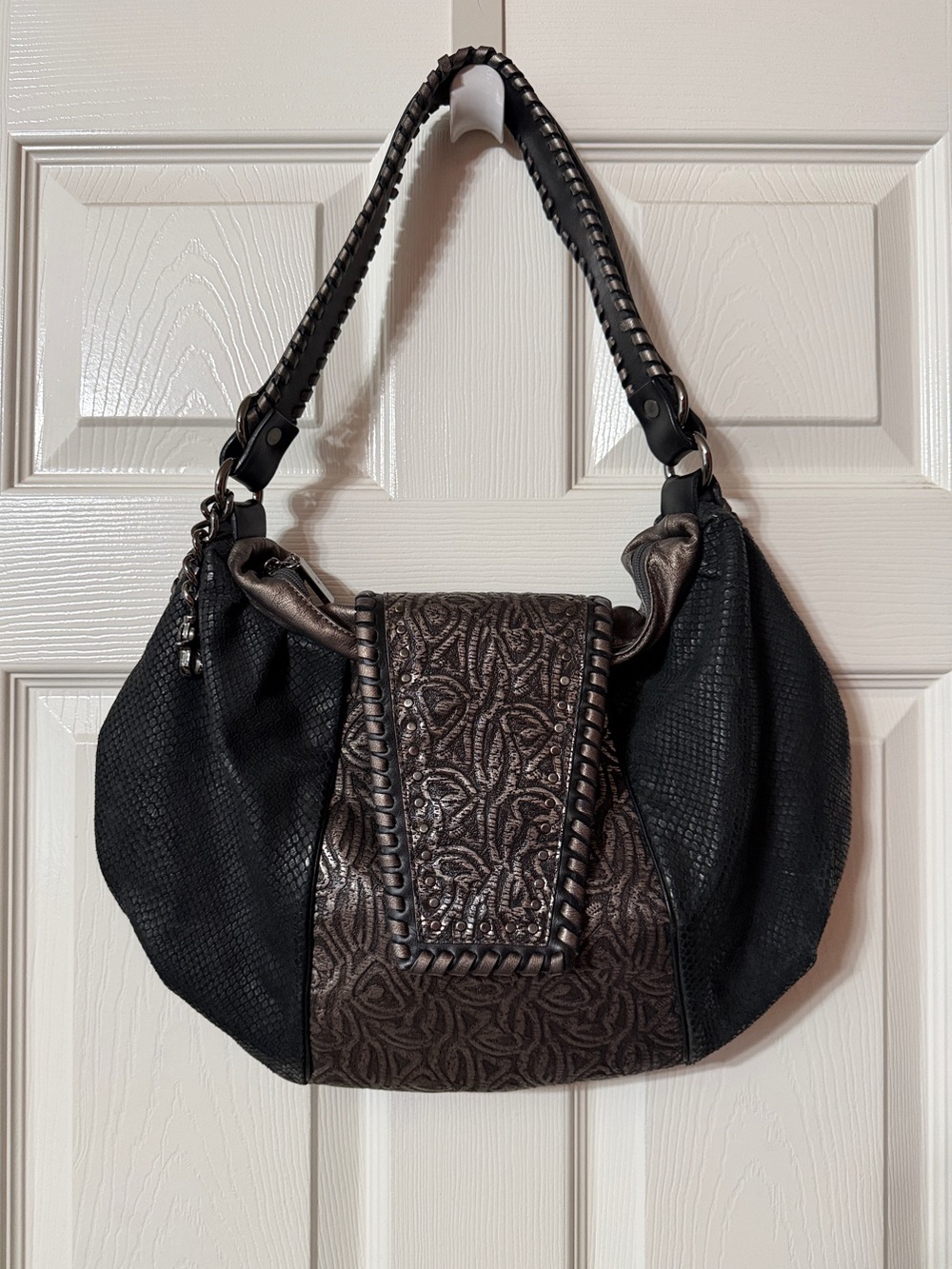 Donald J. Pliner Black Embossed Shoulder Purse Hobo Style